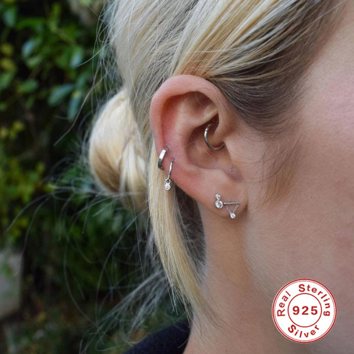 S925 Sterling Silver Horizontal Bar Chain Tassel Inlaid Diamond Spiral Piercing Ear Bone Stud AliExpress Hot Sale Fashion Trend Earrings