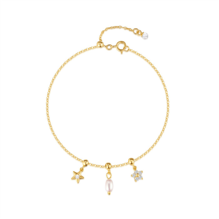 S925 Sterling Silver Niche Design Pearl Five-Petal Flower Starfish Pendant Bracelet Korean Version Same Style Inlaid...