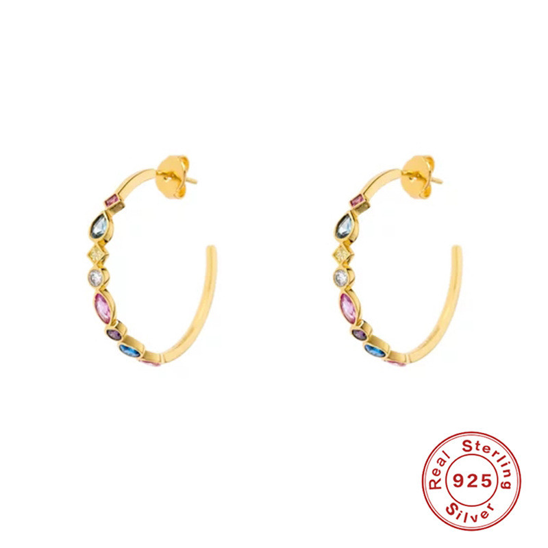 S925 Sterling Silver Personality Geometric Creative Simple C-shaped Multicolor Inlaid Diamond Earrings Studs Cross-border Hot-selling Color Diamond Ear Jewelry