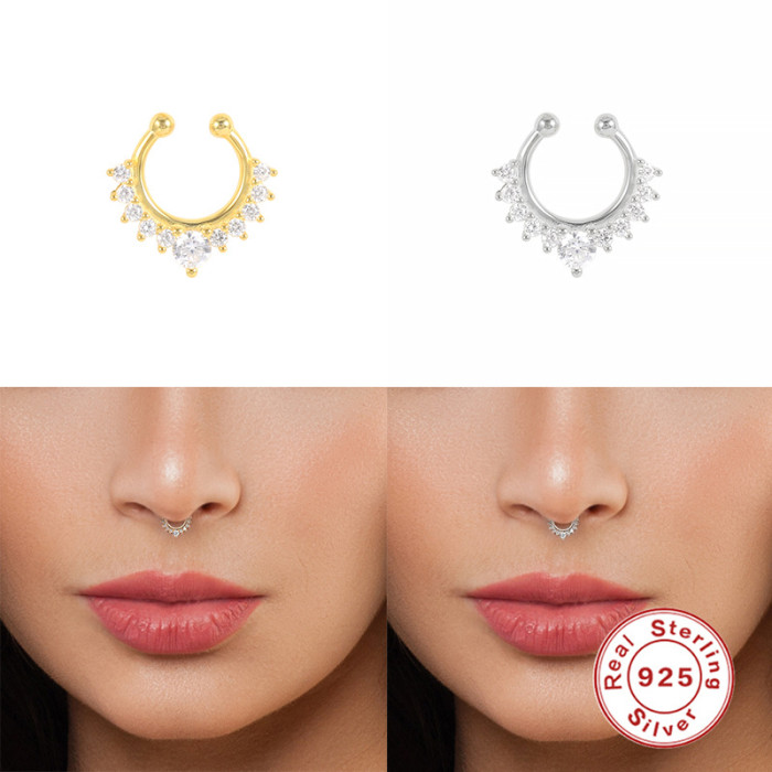 S925 Sterling Silver Diamond-Studded Fake Nose Ring C-Piercing Nose Jewelry European and American Fashion Trend Minimalist Style Nose Stud INS Style Accessories