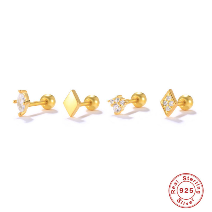 S925 Sterling Silver Geometric Rhombus Inlaid Spiral Piercing Stud Earrings European and American Hot Selling Combination Body Piercing Jewelry