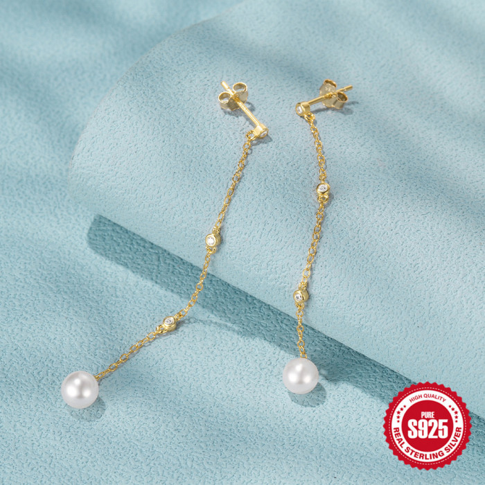 S925 Sterling Silver Inlaid Diamond Chain Tassel Pearl Earrings Stud Earrings Korean and Japanese Style Elegant Niche High-end Fashion Earrings
