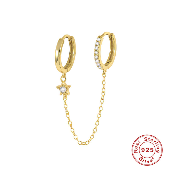 S925 Sterling Silver Double Hoop Chain Connected Five-Pointed Star Inlaid Diamond Pendant Hoop Earrings European and American Trendy Exaggerated Ear Jewelry