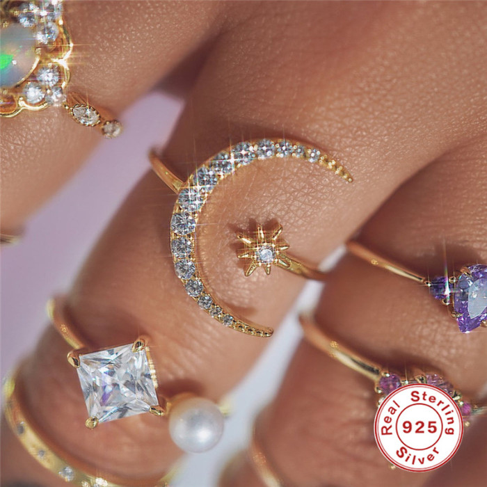 S925 Sterling Silver Star Moon Stone-Inlaid Adjustable Open Ring Korean and Japanese Style Elegant Ins High-end Ind...