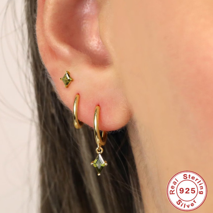 S925 Sterling Silver New Creative Rhombus Pendant Hoop Earrings Amazon Hot Selling Light Luxury Elegant Ins Style Earrings