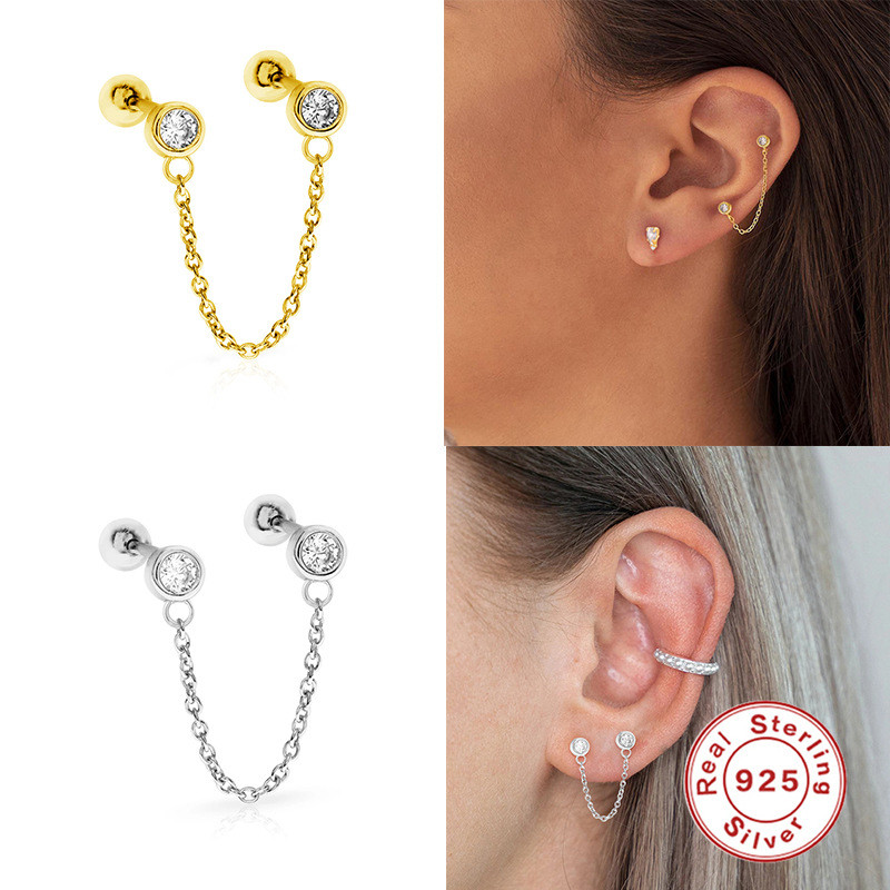S925 European and American Single Diamond Chain Earrings European and American INS Style Simple Versatile Minimalist Piercing Ear Studs