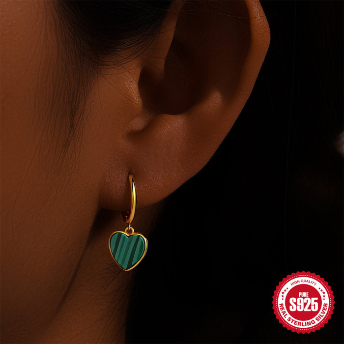 New 925 Sterling Silver Heart-Shaped Malachite Elegant Hoop Earrings European and American Hot-Selling French Style Versatile Earrings