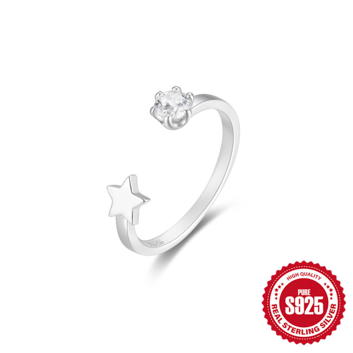 New S925 Sterling Silver Versatile Inlaid Diamond Star Moon Open Ring Korean and Japanese Niche Design Index Finger Ring