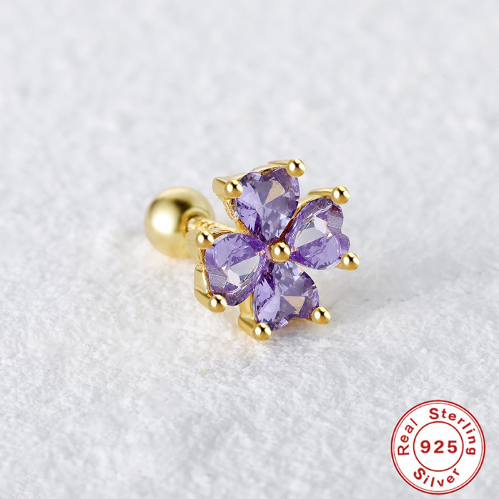 S925 Sterling Silver Four-Leaf Clover Diamond-Studded Piercing Ear Bone Stud Ear Cartilage Stud Earrings AliExpress Hot-Selling Colored Diamond Ear Jewelry