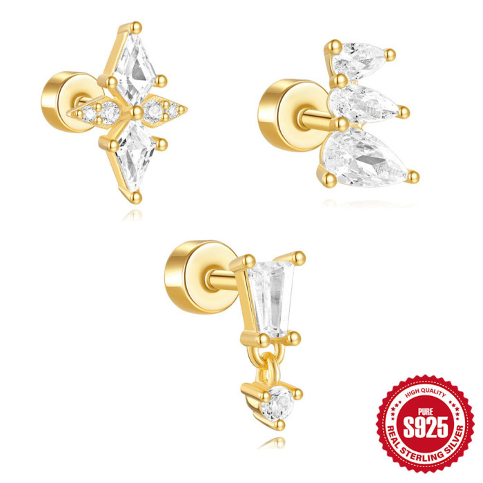 S925 Sterling Silver Exquisite Flat Column Diamond-Studded Threaded Piercing Ear Bone Stud New Creative Personality Hot-Selling Ear Jewelry
