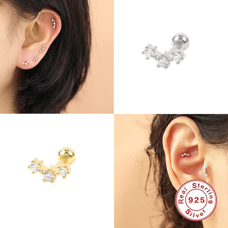 S925 Sterling Silver INS Style Piercing Ear Bone Stud European and American Trendy Mini Triple Diamond Threaded Piercing Hoop Earrings