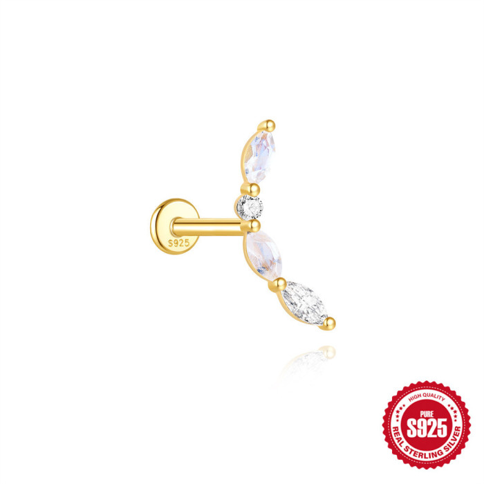 S925 Sterling Silver Natural Agate Crystal Moonstone Tassel Flat Head Threaded Piercing Ear Bone Stud European and American Hot-Selling Earrings
