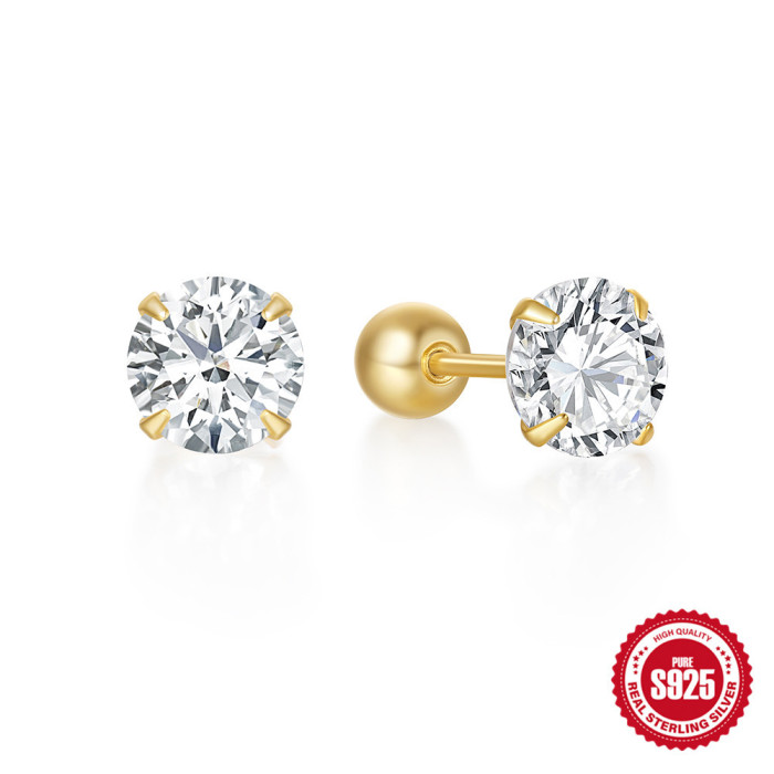 New 925 Sterling Silver Classic Four-Prong Diamond-Studded Spiral Round Bead Piercing Ear Bone Stud European and American Hot-Selling INS Trendy Earrings
