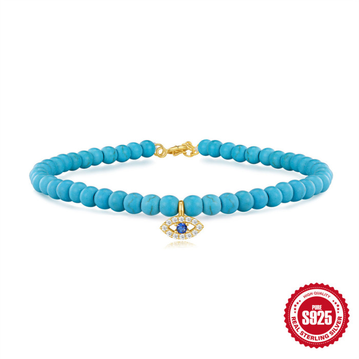 New 925 Sterling Silver Turquoise Handmade Beaded Bracelet French Style Inlaid with Diamonds DIY Accessories Christma...