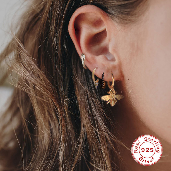 S925 Sterling Silver INS Style Insect Bee Earrings Cross-Border Creative Simple Personality Hoop Earrings Versatile Ear Jewelry