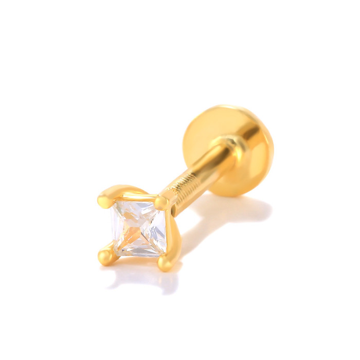 New S925 Sterling Silver Geometric Diamond-Studded Flat Head Body Piercing Ear Stud Ins Trendy Threaded Piercing Ear Jewelry