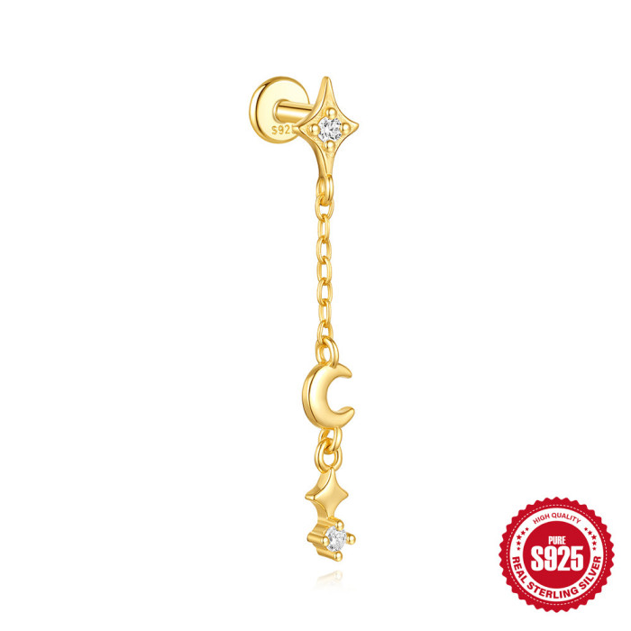 S925 Sterling Silver Moon Star Inlaid Diamond Flat Soft Bone Spiral Piercing Ear Bone Stud European and American Daily Wear Ear Jewelry