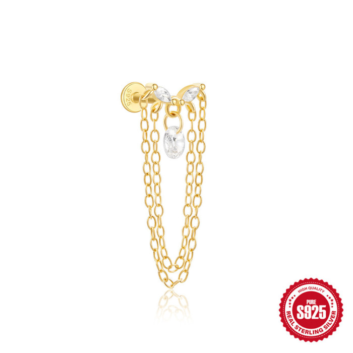 925 Sterling Silver Tassel Water Drop Zircon Cartilage Piercing Flat Spiral Piercing Stud Earrings European and American Hot Selling INS Ear Bone Studs