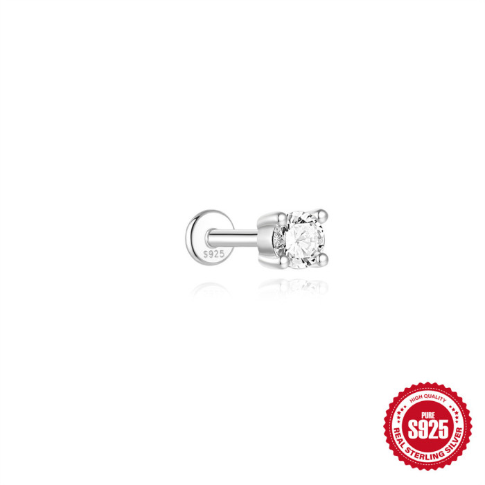 New S925 Sterling Silver Four-Prong Moissanite Flat Head Threaded Piercing Cartilage Earrings European and American Hot-Selling Light Luxury Ear Bone Studs