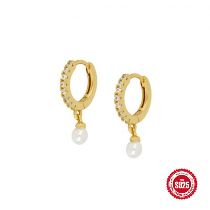 S925 Sterling Silver Inlaid Diamond Pearl Earrings Hoop Earrings Hot-Selling Minimalist Ear Clips Versatile Ear Jewelry