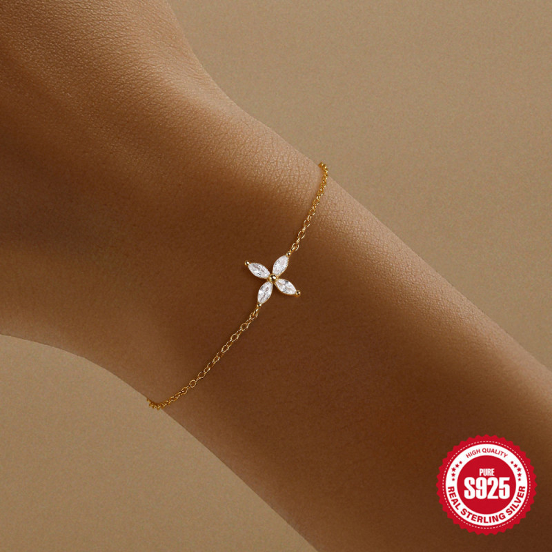 S925 Sterling Silver Four-Leaf Petal Inlaid Diamond Light Luxury Bracelet European and American Hot-Selling INS Style Minimalist Personality Versatile Women's Jewelry
