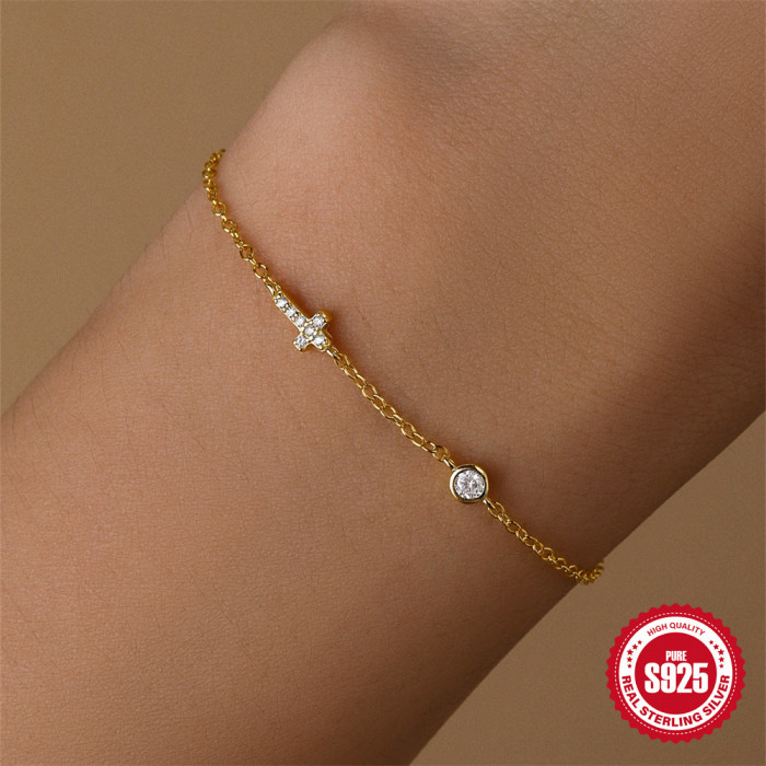 S925 Sterling Silver Cross Inlaid with Diamonds Classic Fashion Bracelet Korean Version Niche Hot-Selling Design INS Style Women's Jewelry