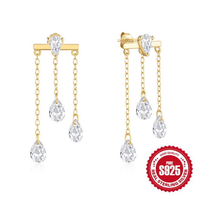 New 925 Sterling Silver Tassel Chain Style Stone Inlaid Versatile Earrings European and American Hot-Selling Elegant Personality Earrings for Women