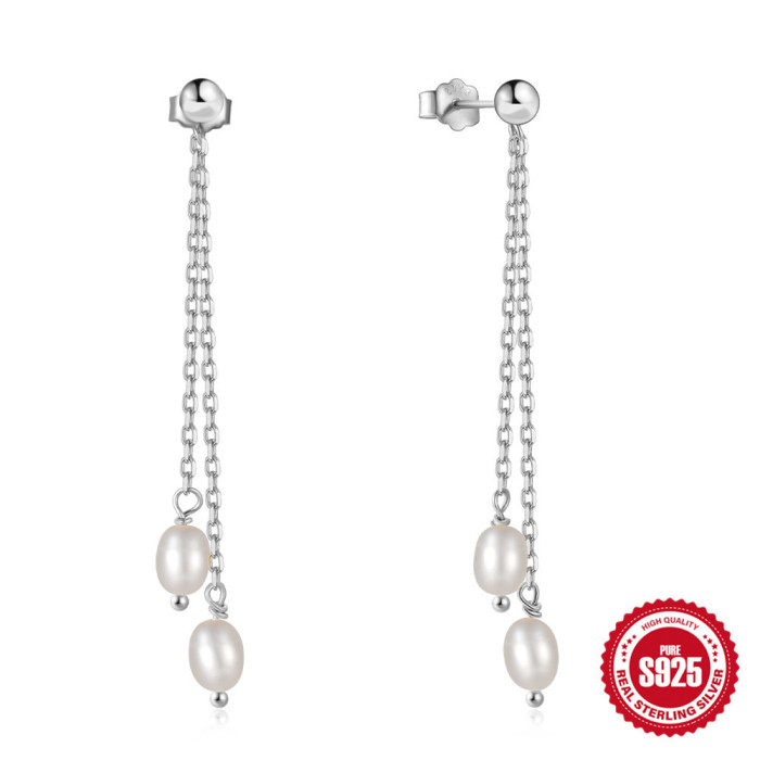 925 Sterling Silver Double Chain Tassel Baroque Irregular Pearl Earrings Stud Earrings Korean Style Elegant Versatile...