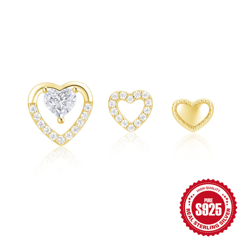 New 925 Sterling Silver Heart-Shaped Diamond-Studded Earrings Korean and Japanese Niche Simple Fashionable Versatile Earrings