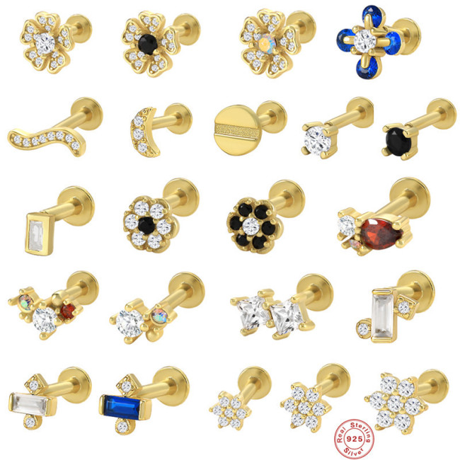 S925 Sterling Silver INS Creative Geometric Flower Flat Head Threaded Piercing Stud Earrings Jewelry European and American Hot Selling Ear Bone Stud
