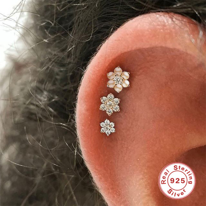 S925 Sterling Silver Flower Inlaid Diamond Pearl Ins Style Piercing Threaded Earrings European and American Hot Selling Body Piercing Ear Bone Studs
