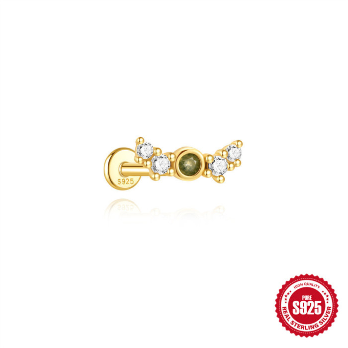 S925 Sterling Silver Inlaid Diamond Geometric Flat Head Threaded Piercing Ear Bone Stud European and American Light Luxury Natural Aquatic Agate Ear Jewelry