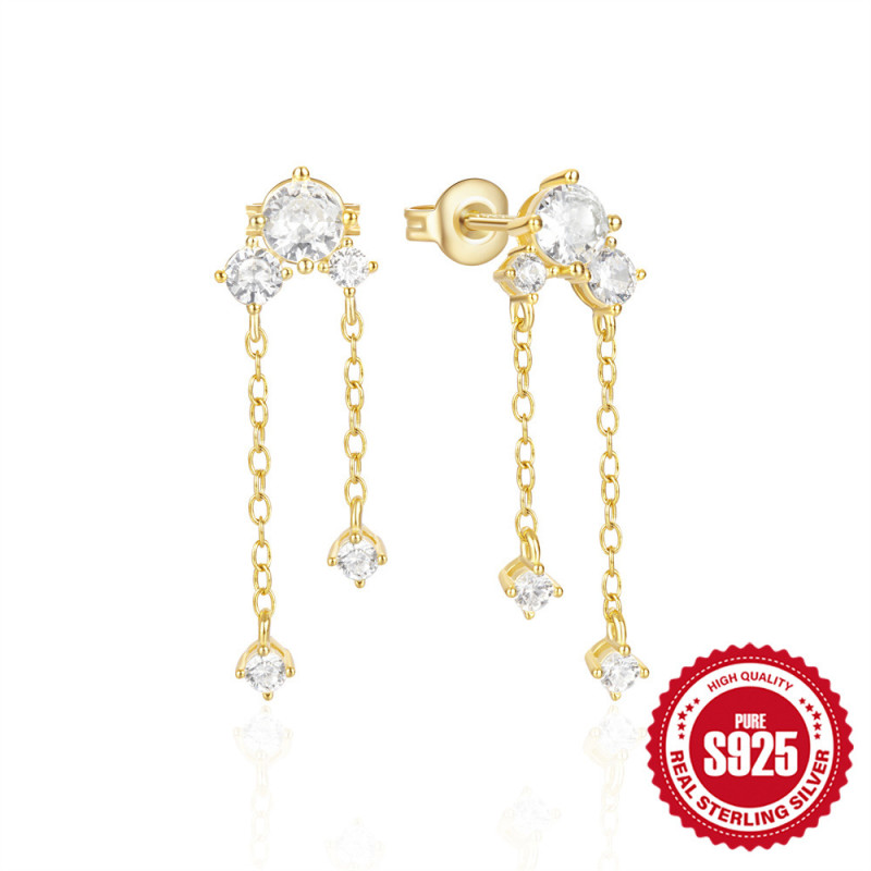 S925 Silver Super Sparkling Diamond-Studded Exquisite Niche Light Luxury Earrings Ear Thread European and American Hot-Selling Tassel Chain Stud Earrings for Women