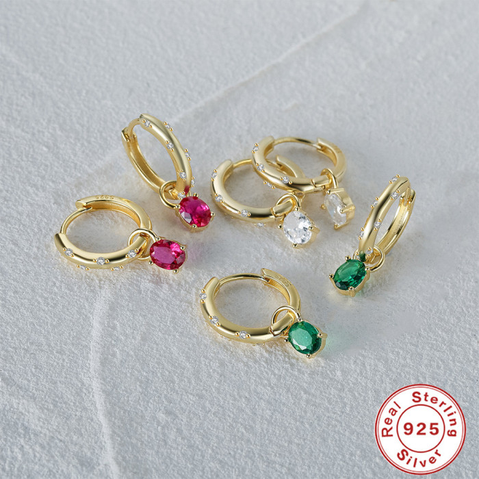S925 Sterling Silver Colored Diamond Egg-shaped Earrings Hoop Earrings Ear Cuffs Earrings European and American Cross-border Hot-selling Light Luxury Classic Hoop Earrings