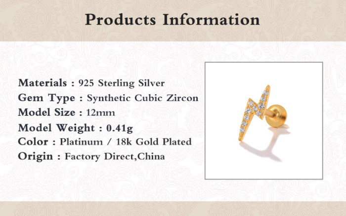 S925 Sterling Silver Lightning Inlaid Diamond Flat Head Threaded Piercing Cartilage Earrings European and American Hot Selling Personality INS Ear Cartilage Ear Jewelry