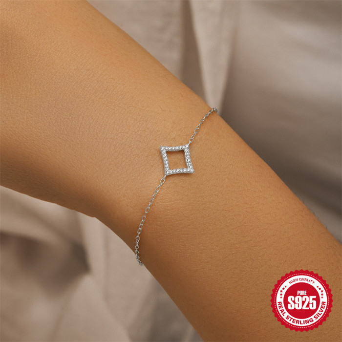 S925 Sterling Silver Trendy Creative Full Diamond Geometric Rhombus Bracelet for Women European and American Fashion Elegant Versatile Simple Jewelry