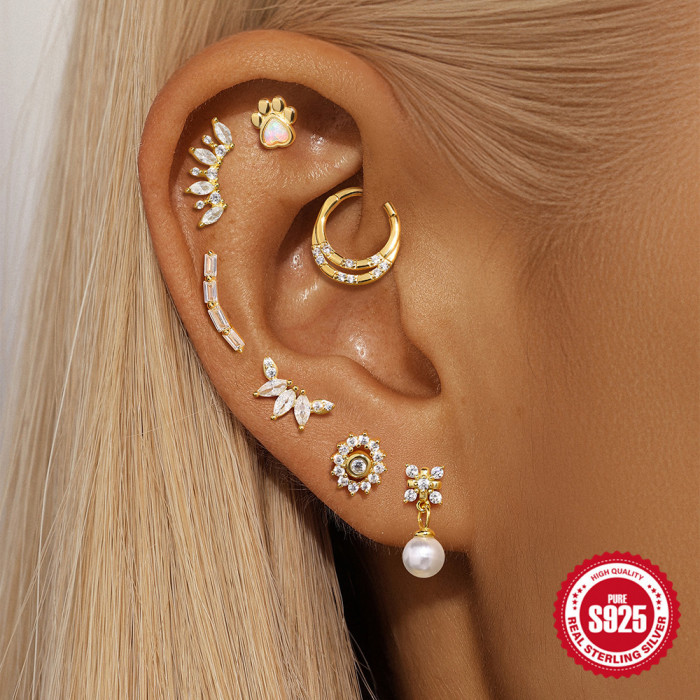 S925 Sterling Silver Chain Double Row Diamond-Studded Ear Cuff Soft Cartilage Heart Piercing Ear Ring Ear Hoop European and American Cross-Border Hot Sale