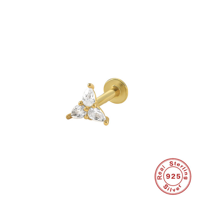 S925 Sterling Silver Geometric Diamond-Studded Pearl Ear Bone Stud Ear Cartilage European and American INS Style Flat Head Threaded Body Piercing Ear Jewelry