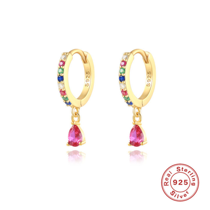 S925 Sterling Silver Diamond-Studded Water Drop Hoop Earrings Cross-Border Bestseller INS Color Diamond Ear Clips Ear Pendants Ear Jewelry Ins Style Hot Item
