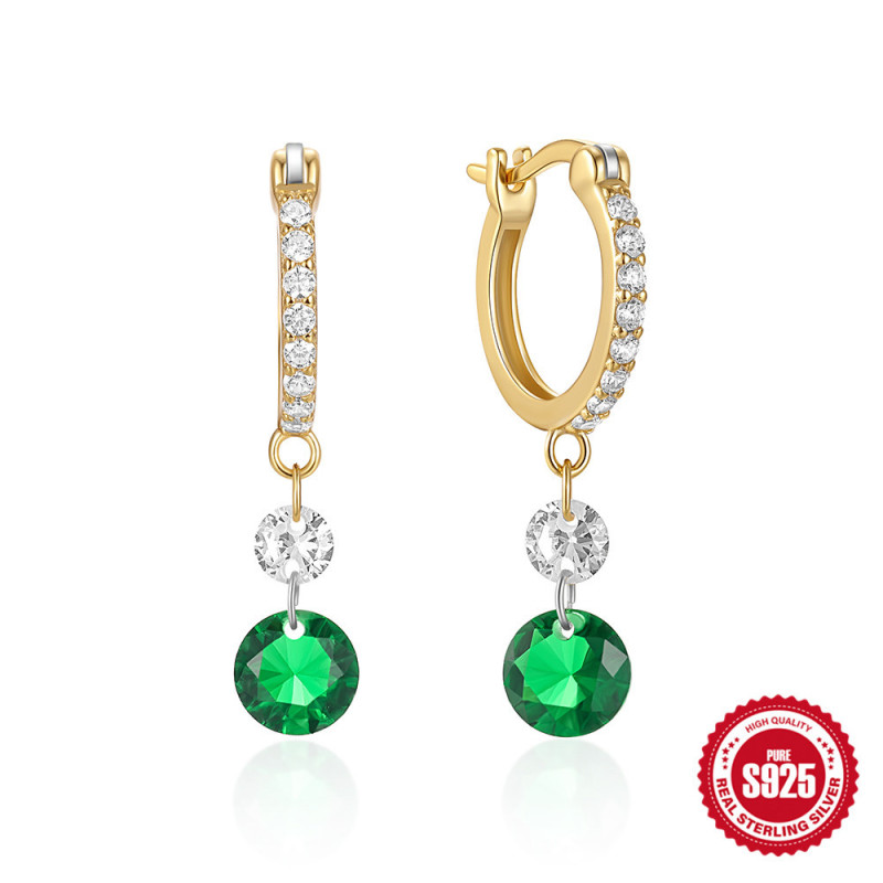 S925 Sterling Silver Super Sparkling Diamond-Encrusted Emerald Gemstone Hoop Earrings Ear Clips European and American Hot-Selling French Style INS Earrings