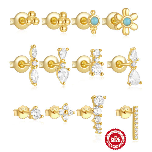 925 Sterling Silver Geometric Diamond Classic 4-Piece Set Earrings Vintage Turquoise Ear Studs Small Gold Ball Earrings