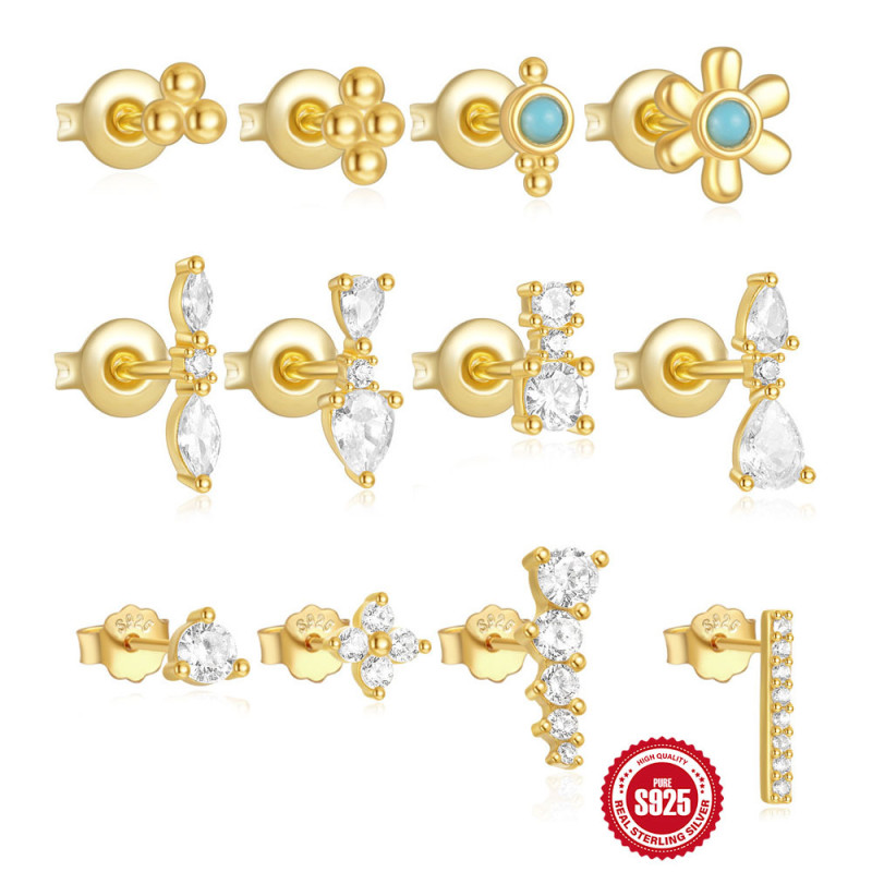 925 Sterling Silver Geometric Diamond Classic 4-Piece Set Earrings Vintage Turquoise Ear Studs Small Gold Ball Earrings