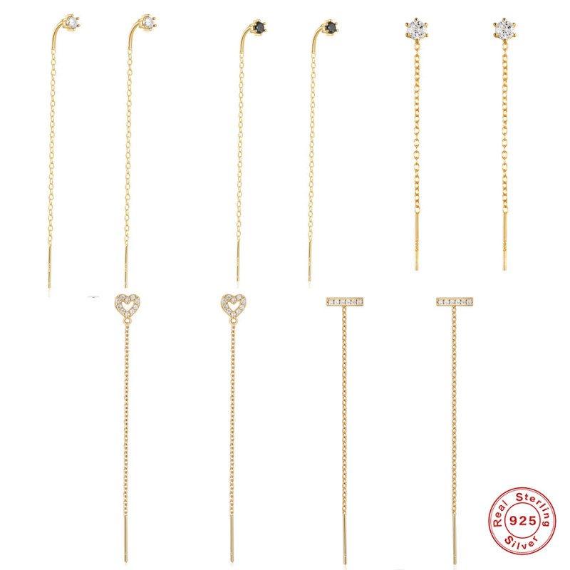 S925 Sterling Silver Long Minimalist Tassel Claw Setting Diamond Ear Thread Earrings Korean and Japanese Style Elegant Personality Heart Versatile Earrings