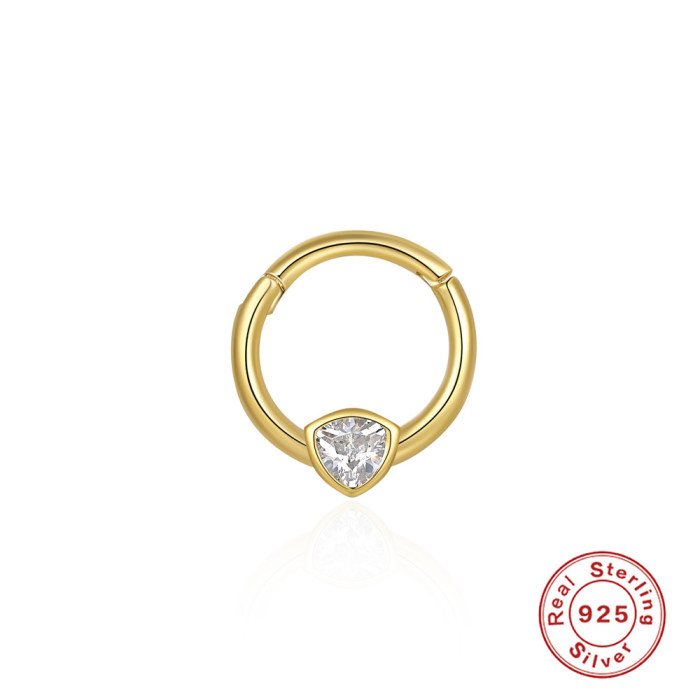 S925 Sterling Silver Geometric Triangle Inlaid Diamond Piercing Cartilage Ear Cuff Ear Bone Ring Korean and Japanese Fashion Trend Nose Ring Jewelry for Women