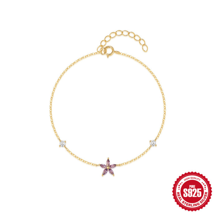 S925 Sterling Silver Summer Cute Flower Stone-Inlaid Daily Matching Bracelet Korean Version Niche Design Bracelet J...