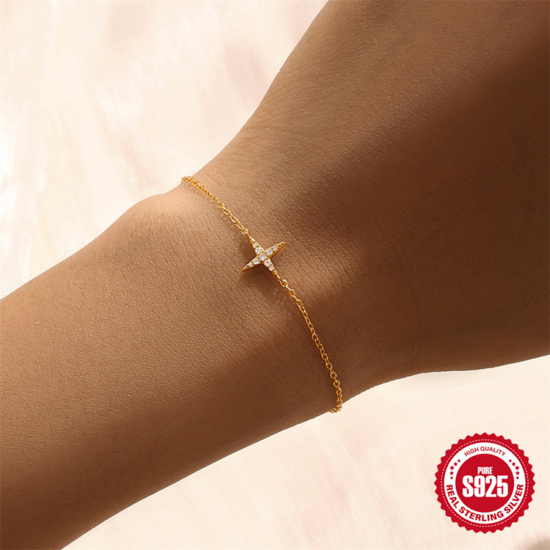 Classic S925 Sterling Silver Inlaid Diamond Four-Pointed Star Thin Bracelet for Women Fashionable Elegant Commuting Hot-Selling Element Bracelet Jewelry