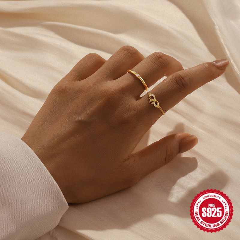 S925 Sterling Silver Bowknot Inlaid Zircon Ring European and American Style 8-Shape Ins Light Luxury Adjustable Chain Open Index Finger Ring