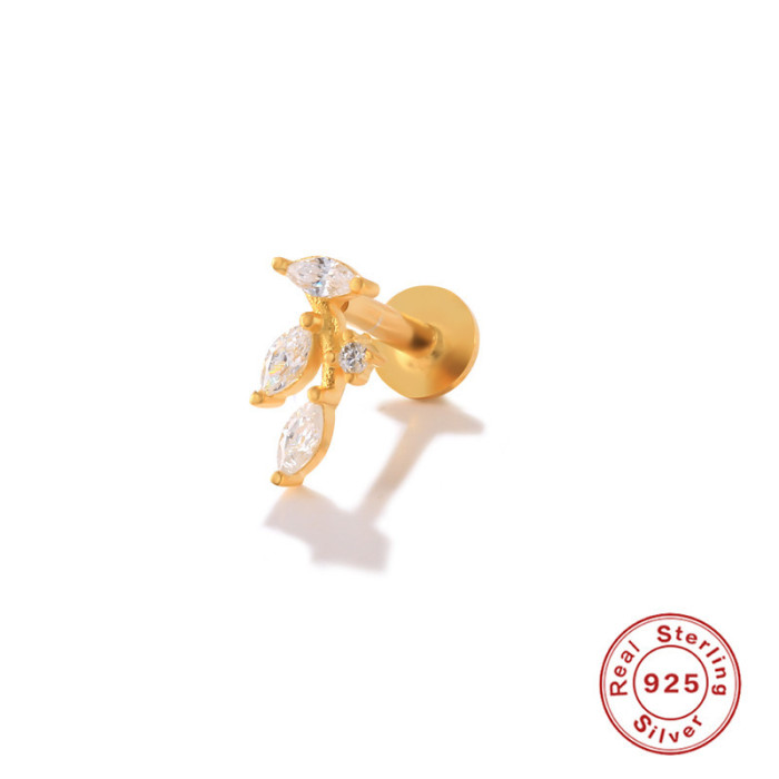 New S925 Sterling Silver Branch Inlaid Diamond Threaded Piercing Soft Bone Earrings European and American Hot Sale INS Personality Small Ear Bone Studs