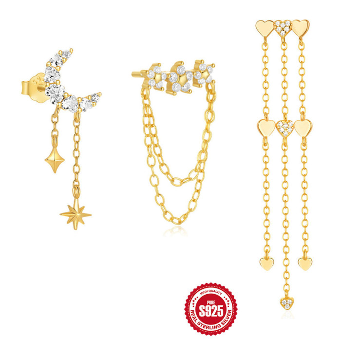 S925 Sterling Silver Moon Heart Diamond-Studded Tassel Earrings Korean Style Chain Versatile Design Sense Elegant Earrings for Women
