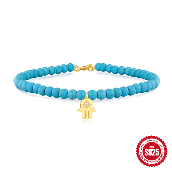 New 925 Sterling Silver Turquoise Handmade Beaded Bracelet French Style Inlaid with Diamonds DIY Accessories Christma...